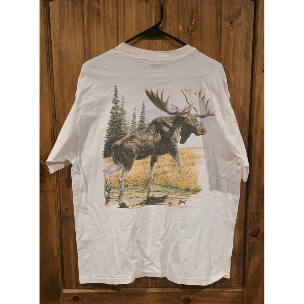 Hanes‎ Beefy-T T-Shirt Mens Large White Excellent Vintage Al Agnew Moose Pocket
